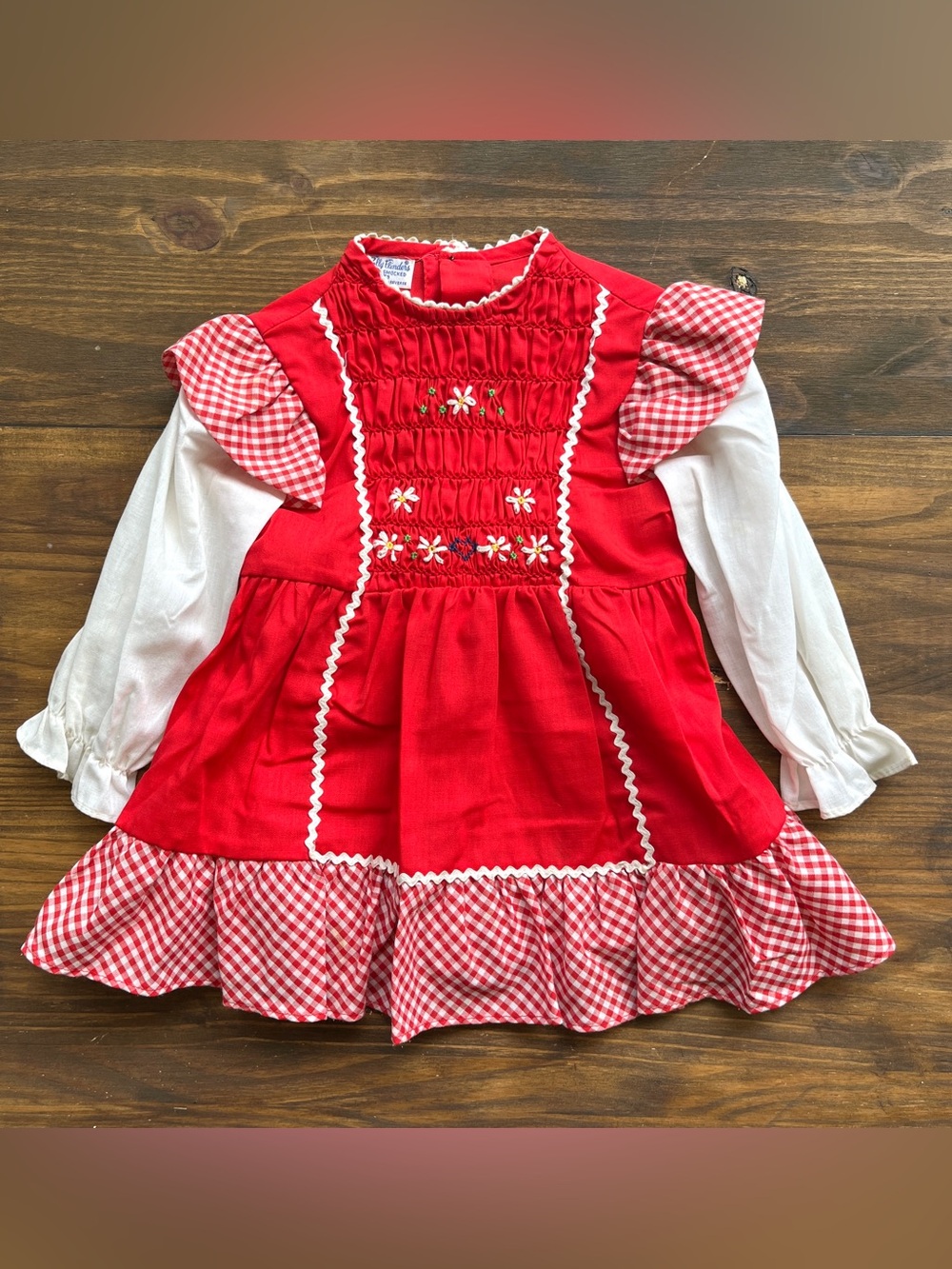 VTG Polly Flinders Dress Size 3T Red Gingham Embroidered Floral Hand Smocked